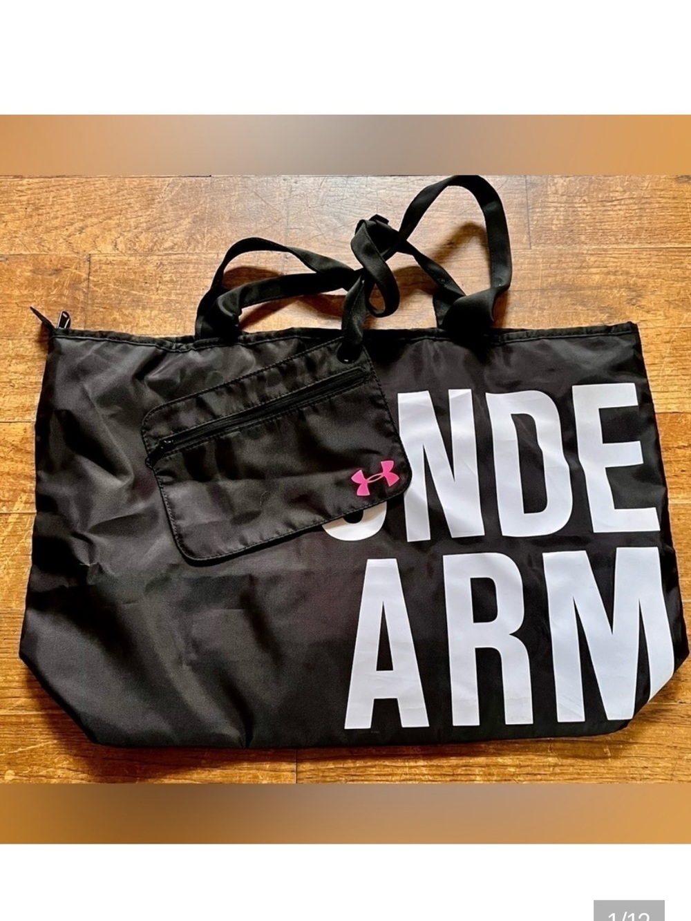 Under Armour Women Big Wordmark Tote Bag Carryall Sporty Gym Black Pink Pouch OS